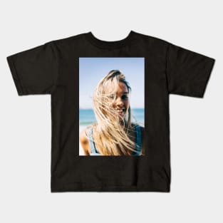 Young Pretty Blond Girl - Beach Portrait on Windy Morning Kids T-Shirt